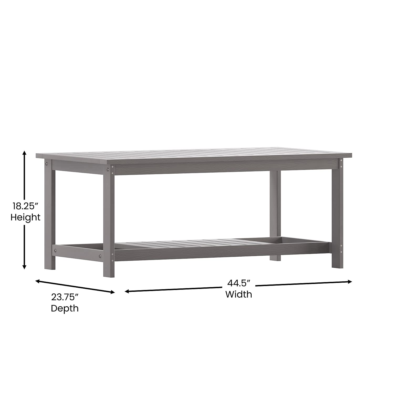Flash Furniture Charlestown Two Tiered Commercial Grade Adirondack Coffee Table - Gray Finish Poly Resin Wood - All-Weather - Slatted Shelf Design,Grey