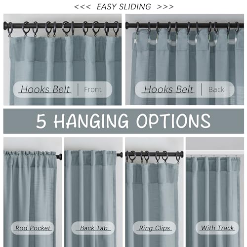 Stone Blue Linen Back Tab Curtains 102 Inches Long 2 Panels Set For High Windows,Rustic Hooks Belt Pinch Pleated Look Easy Sliding Curtains Pocket Light Filtering Semi Privacy Drapres 52 X 102 Inch