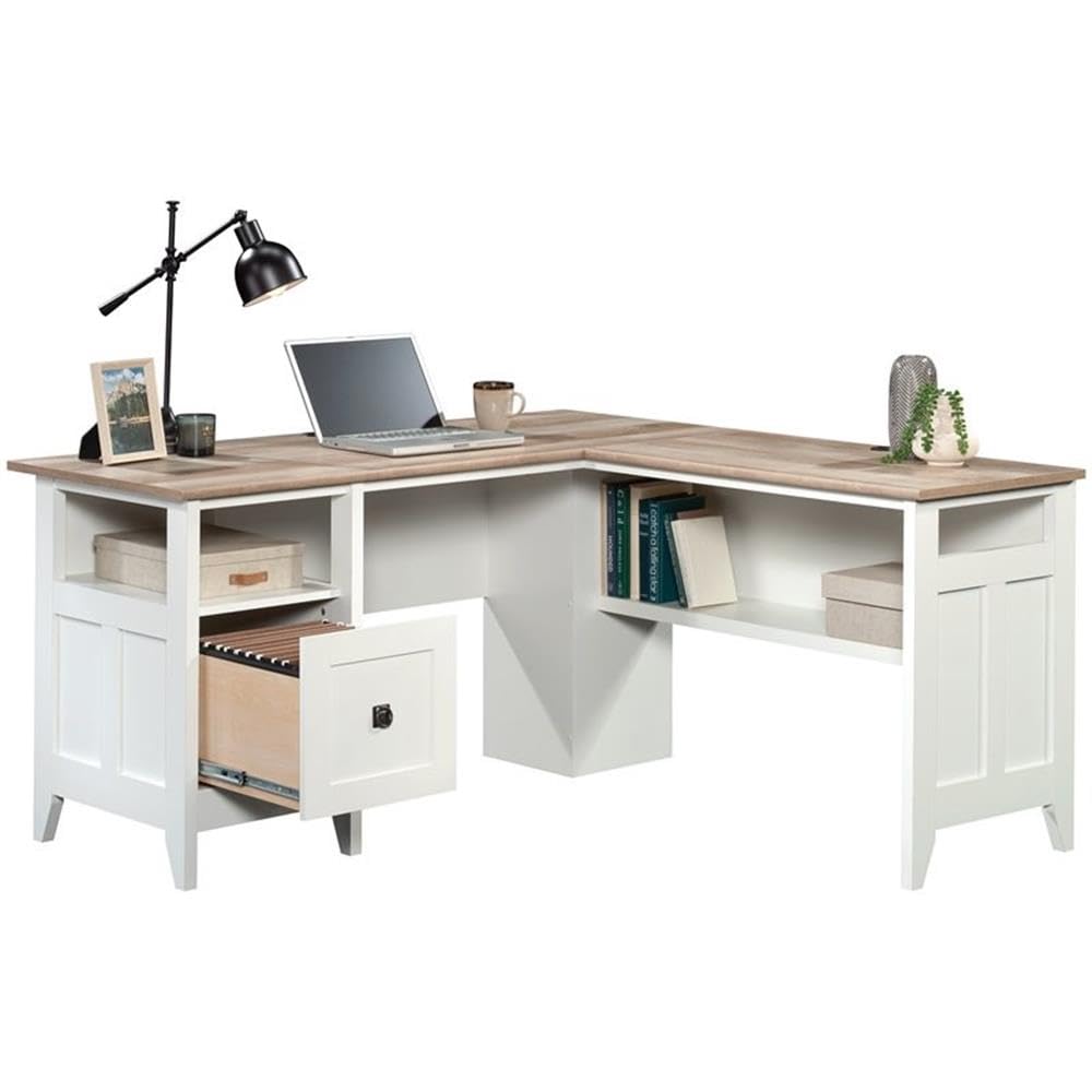 Sauder August Hill L-Shaped Home Office Desk In Soft White, Soft White Finish