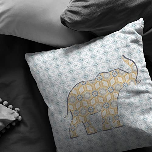 HomeRoots Yellow On Light Blue 18' Blue Yellow Elephant Decorative Suede Throw Pillow