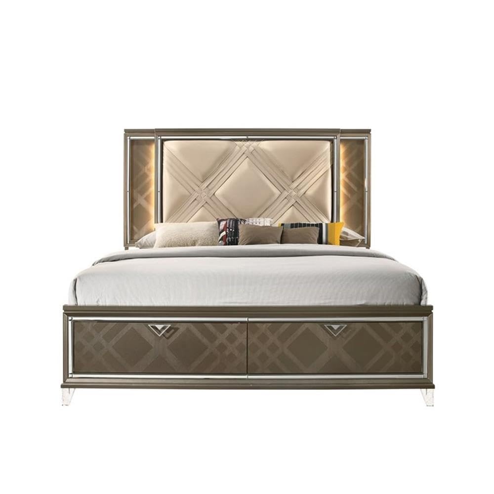 Acme Skylar Queen Bed with Storage in LED in PU and Dark Champagne