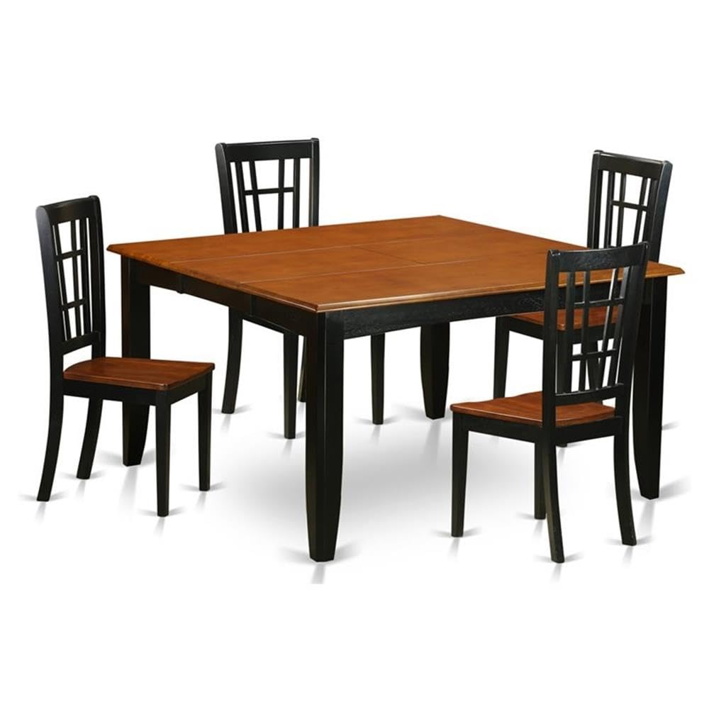 East West Furniture PFNI5-BCH-W 5 Piece Dining Set Includes a Square Dining Room Table with Butterfly Leaf and 4 Wood Seat Chairs, 54x54 Inch, Black & Cherry