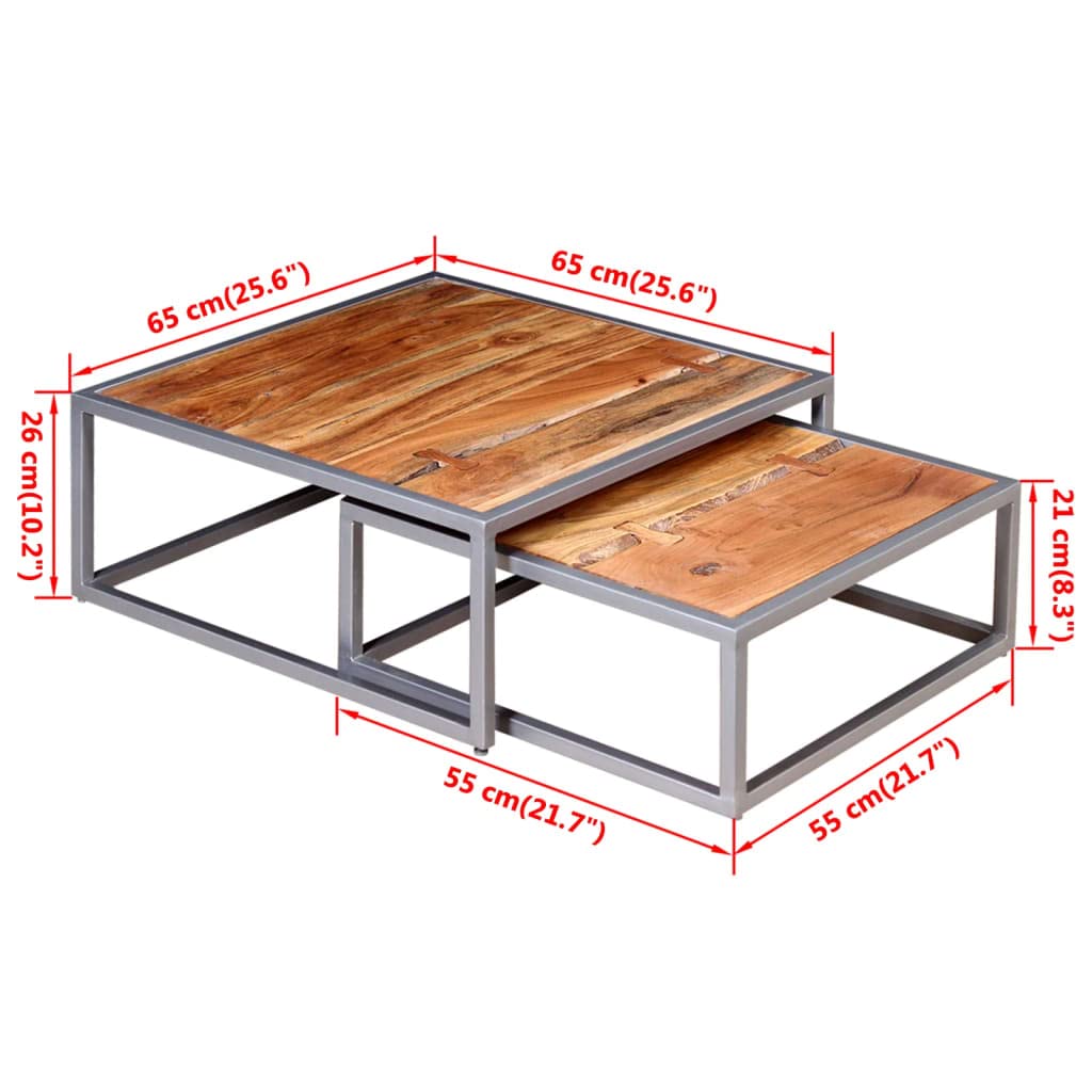 vidaXL Solid Acacia Wood Coffee Table Set, Versatile Living Room Tables with Strong Steel Legs, Handmade Wooden Furniture with Unique Design, Includes 2 Tables