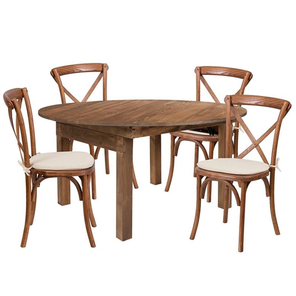 Flash Furniture Hercules Series 60&quot; Round Solid Pine Folding Farm Dining Table Set With 4 Cross Back Chairs And Cushions