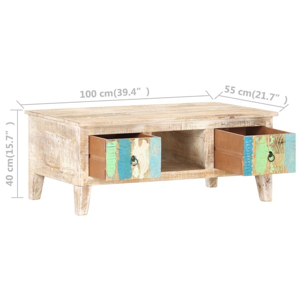 vidaXL Whitewashed Acacia Wood Coffee Table with Flower Carved Drawers and Compartment | Durable & Stable | Farmhouse-Bohemian Style | Ample Storage