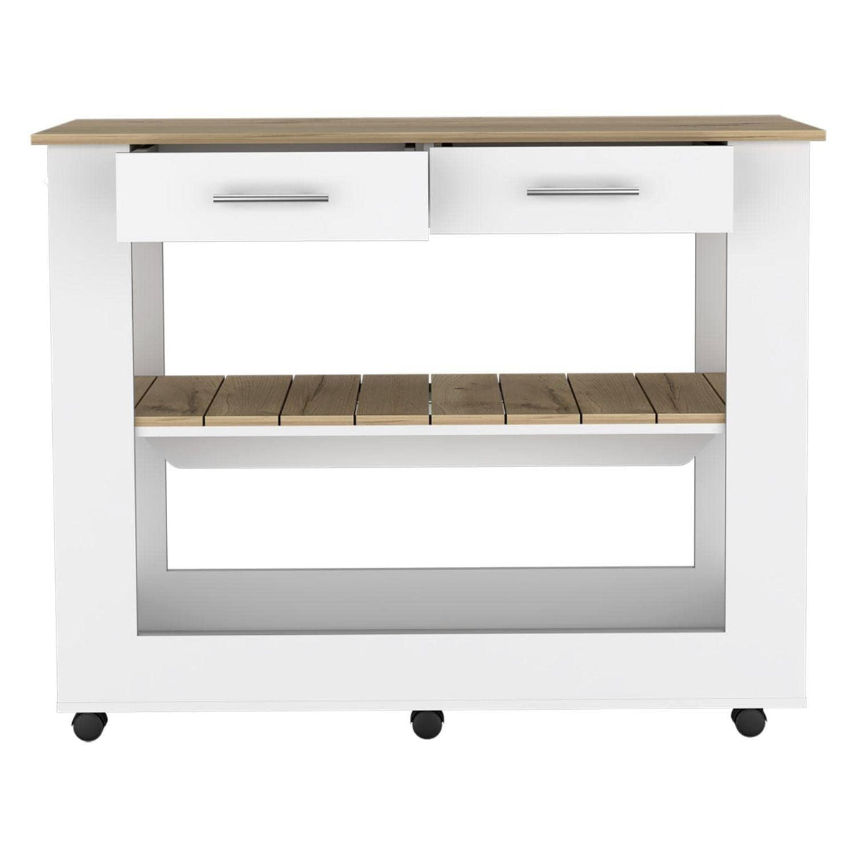 Delos 46 Kitchen Island with 6 Caster, 2 Drawers, and Lower Open Shelves, White/Light Oak