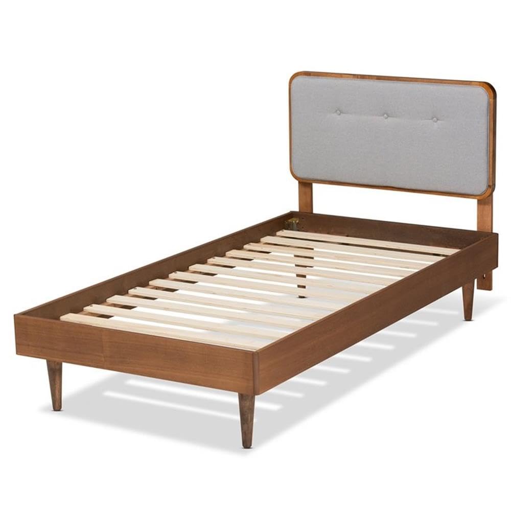 Baxton Studio Cilka Mid-Century Modern Light Grey Fabric Upholstered and Ash Walnut Finished Wood Twin Size Platform Bed