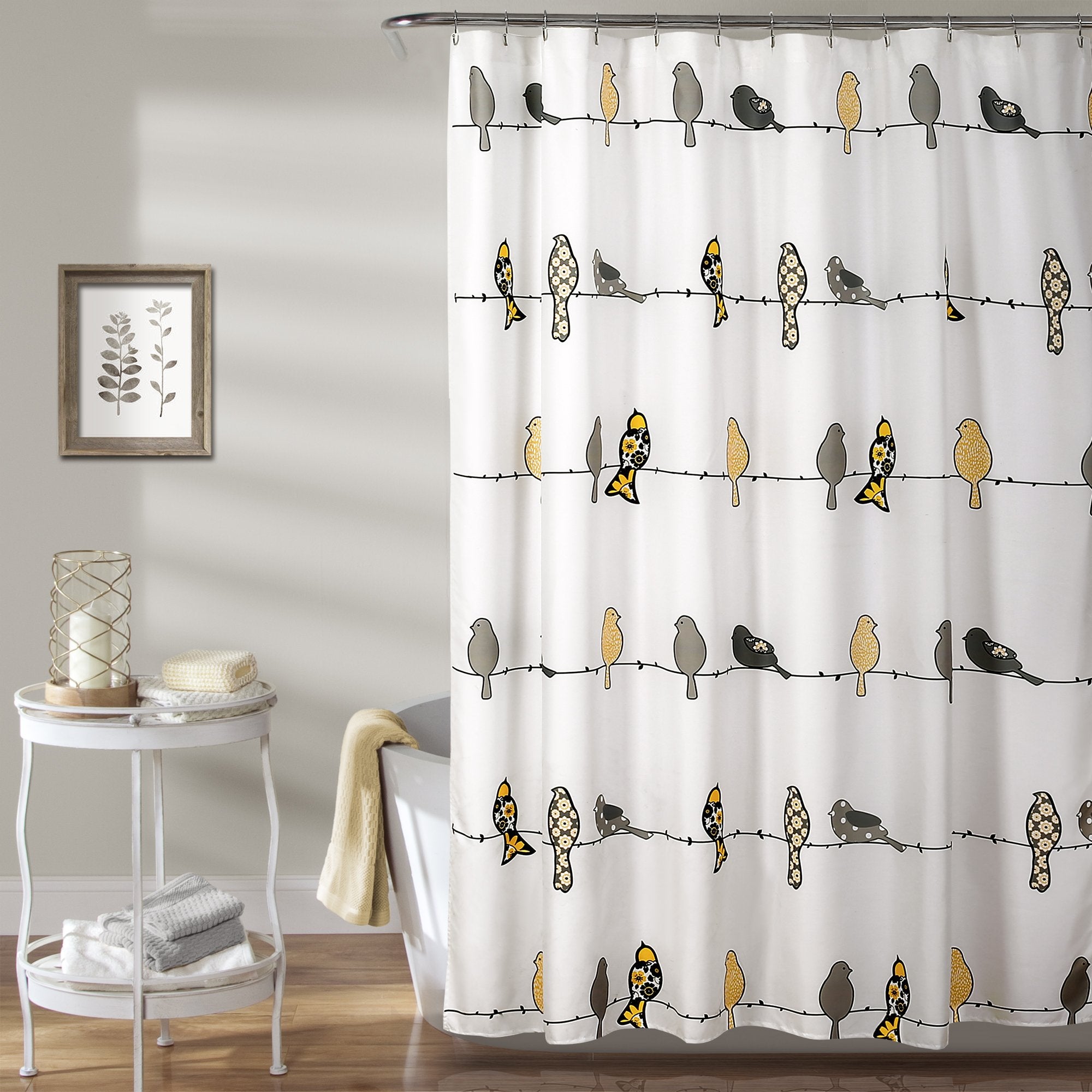 Lush Decor Rowley Birds Shower Curtain, 72    W X 72    L, Yellow & Gray - Colorful Floral Bird Pattern - Whimsical & Playful Bi