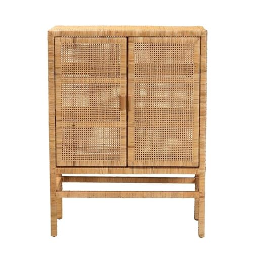 Baxton Studio Vivan Modern Bohemian Natural Brown Rattan And Mahogany Wood 3-Shelf Storage Cabinet