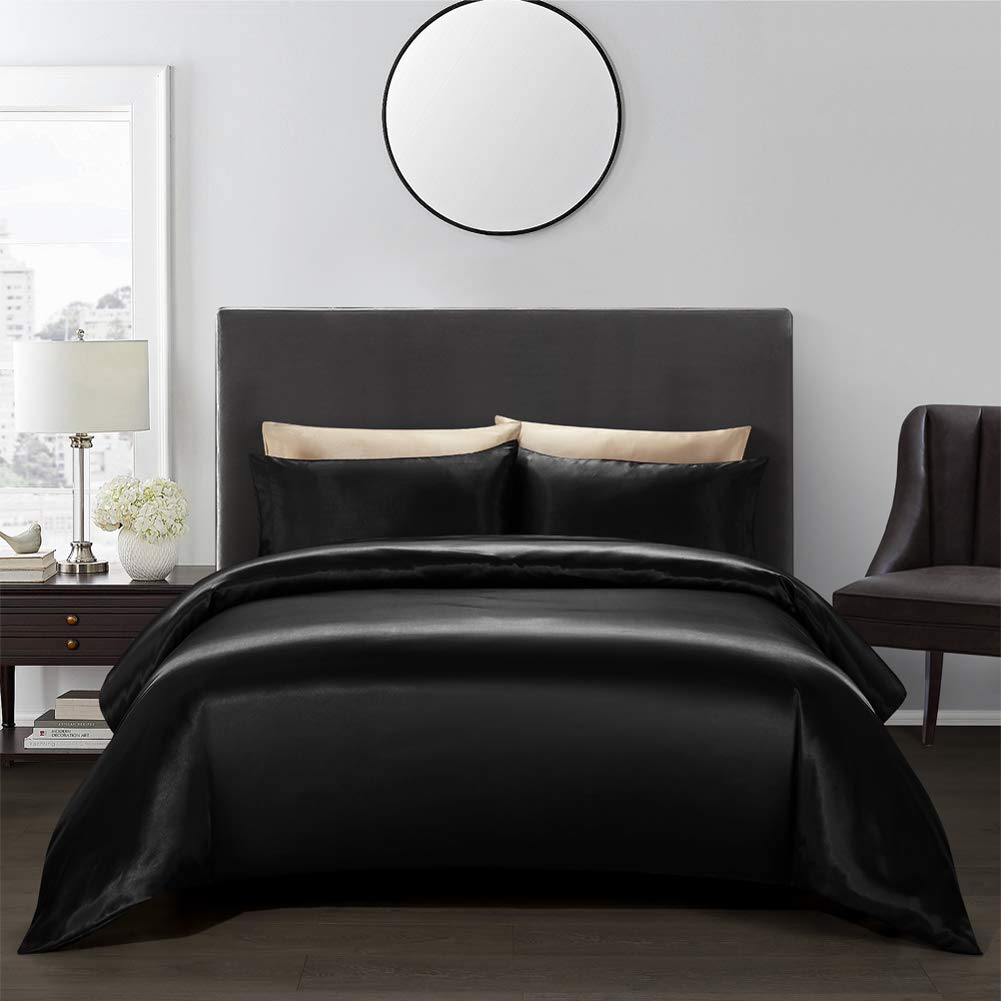 Aimay 3 Piece Satin Duvet Cover Set Bedding Sets Queen Black 1800 Series Luxury Rich Silk Silky Super Soft Solid Color Reversibl