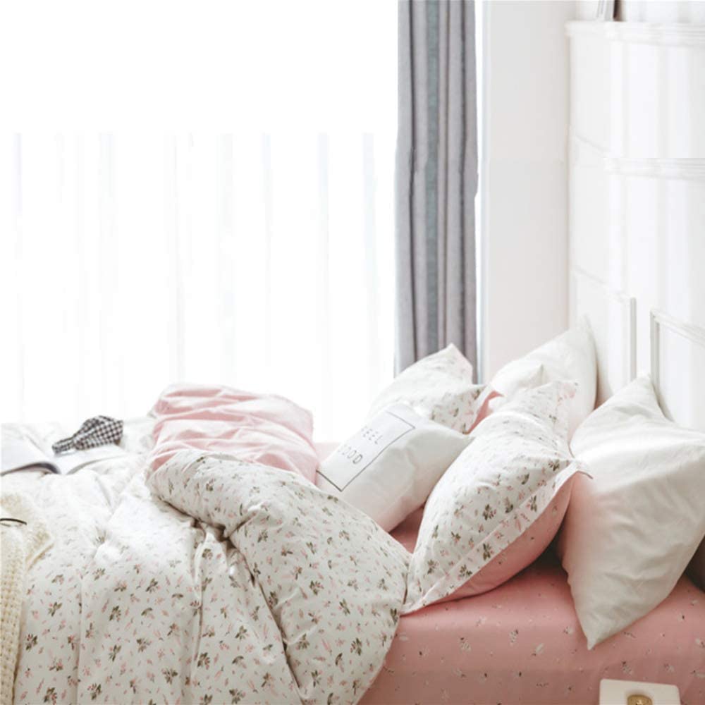 Floral Print Fitted Sheet Twin Pink White Flower Bedding Sheet Deep Pocket Cotton Bed Sheet Garden Flower Branch Mattress Cover