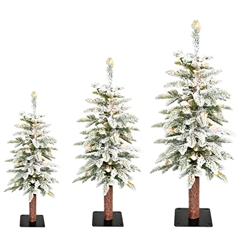 Fraser Hill Farm Set Of 3 Snowy Downswept Trees With White Incandescent Lights In 2-Ft., 3-Ft., And 4-Ft., Festive Christmas Holiday Decor