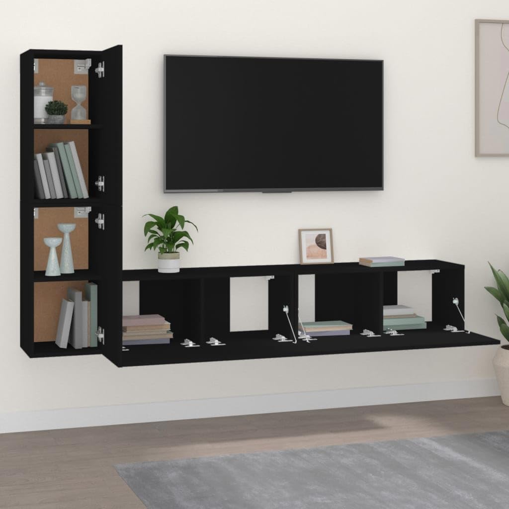 vidaXL TV Stand Set 4 Piece, Wall Mounted Entertainment Center, TV Stand Console with Storage, Modern Style, Black Engineered Wood