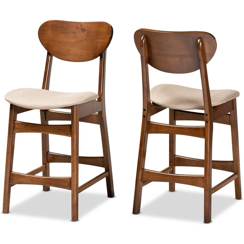 Baxton Studio Katya Mid-Century Modern Sand Fabric Upholstered and Walnut Brown Finished Wood 2-Piece Counter Stool Set