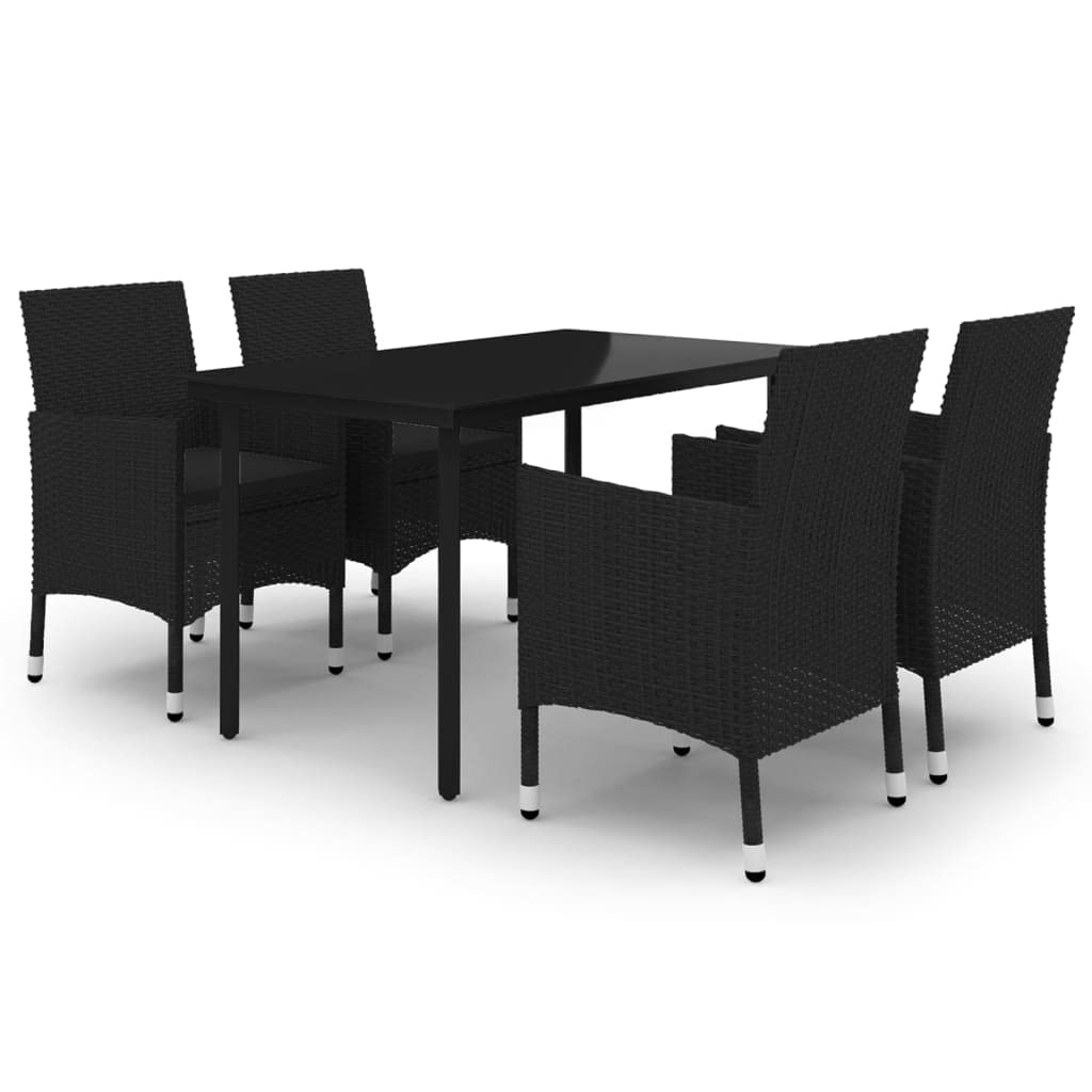 vidaXL 5-Piece Patio Dining Set - Weather Resistant Outdoor Furniture with Cushioned Chairs - Poly Rattan and Glass Tabletop - Black