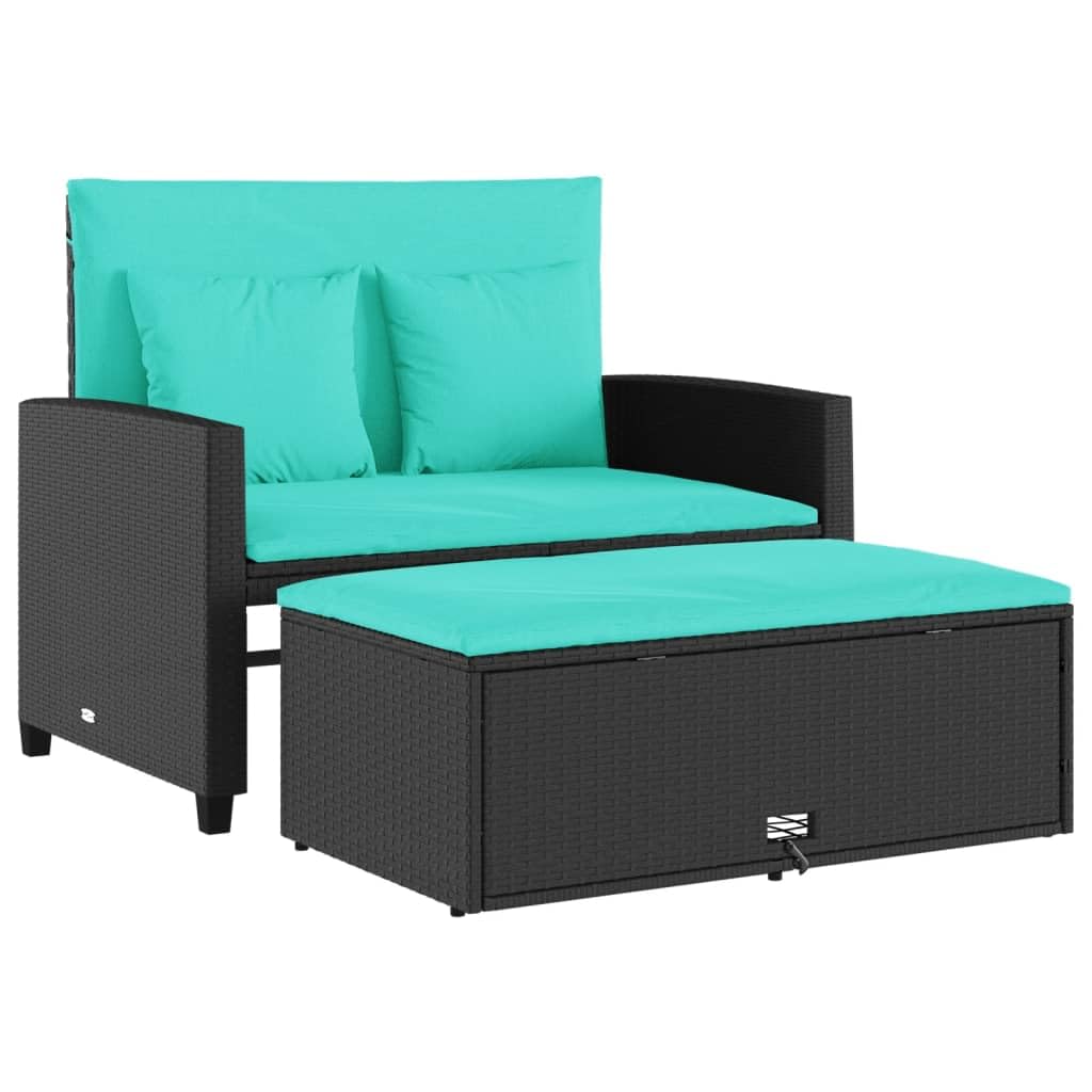 vidaXL Black Patio Sofa with Cushions - 2-Seater Storage Bench/Sofa Bed - Outdoor Garden Furniture with Footstool - Weather-Resistant PE Rattan - Includes Removable Blue Cushions for Comfort