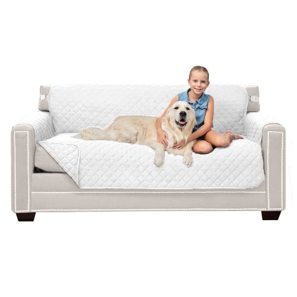 Sofa Shield Patented Couch Slip Cover, Large Cushion Protector, Reversible Stain And Dog Tear Resistant Slipcover, Quilted Microfiber 62” Seat, Washable Covers For Dogs Pets Kids, White