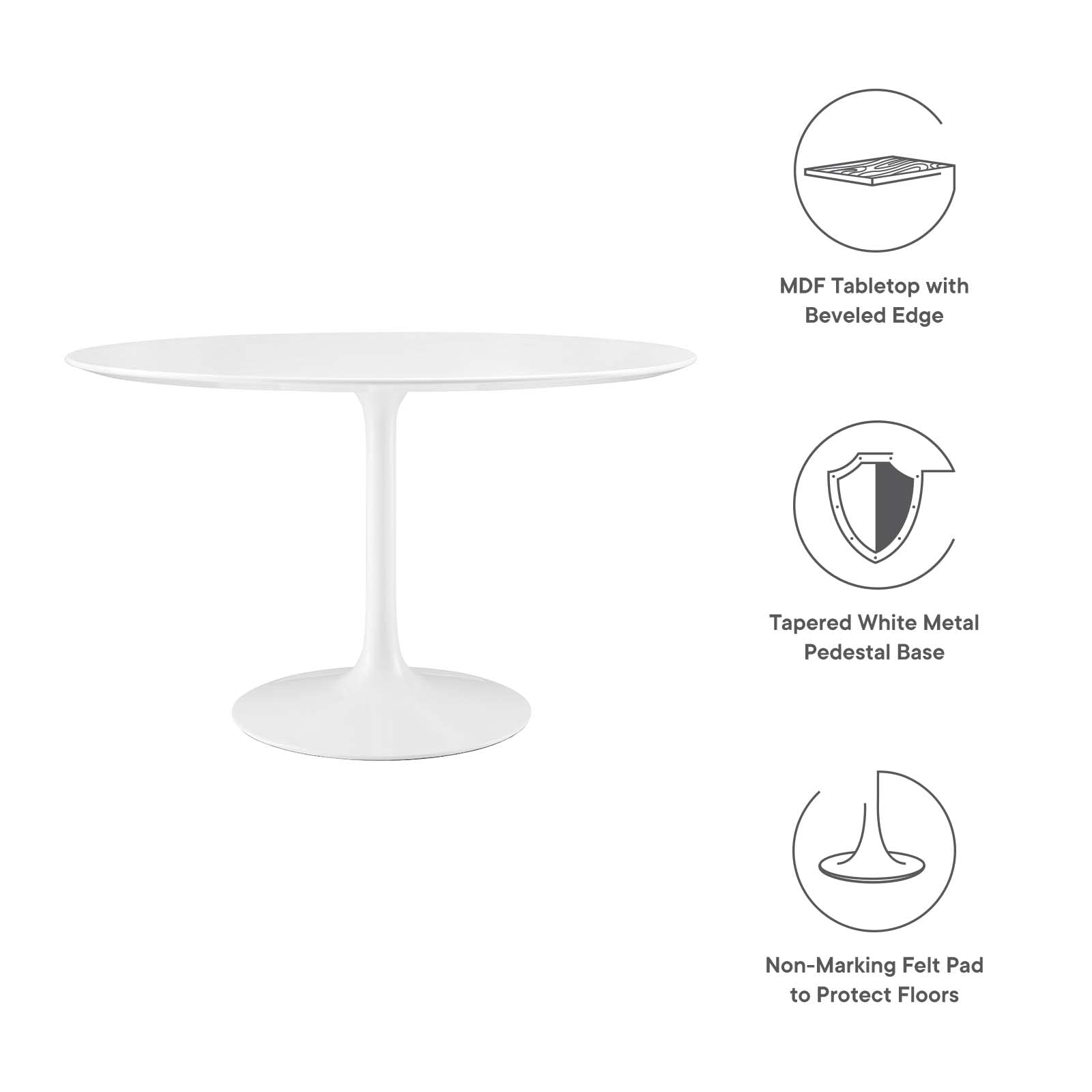 Modway Lippa 47" Mid-Century Modern Dining Table with Round Top and Pedestal Base in White