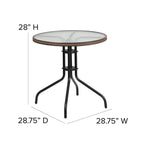 Flash Furniture Lila 28'' Round Glass Metal Table With Dark Brown Rattan Edging And 2 Dark Brown Rattan Stack Chairs
