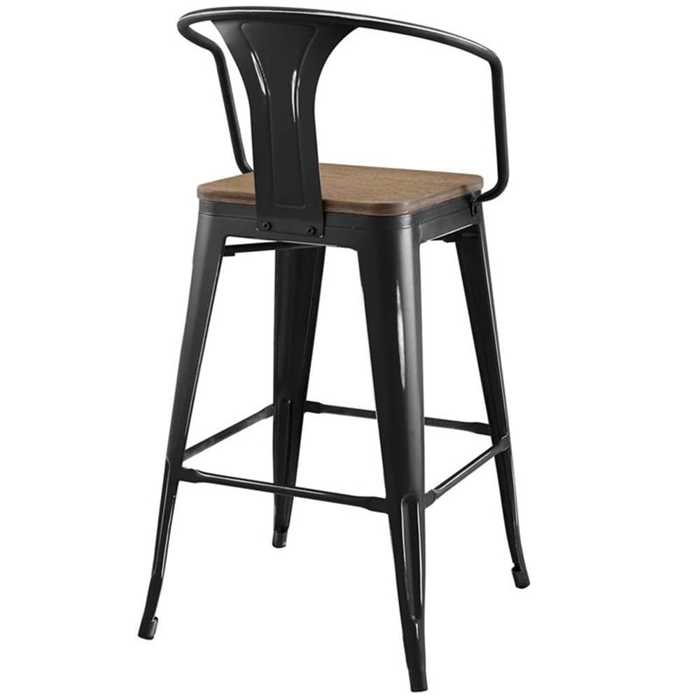 Modway Promenade Industrial Modern Steel Bistro Bar Stool With Arms And Bamboo Seat, Black