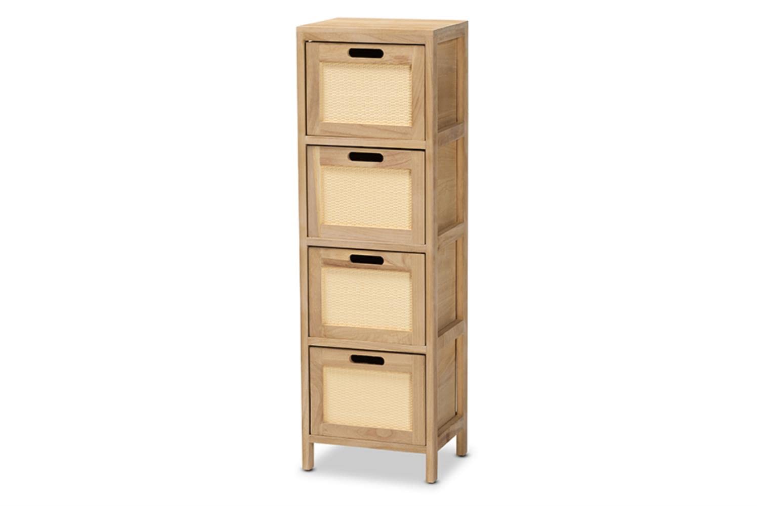 Baxton Studio Paolo Mid-Century Modern Natural Brown Finished Wood and Rattan 4-Drawer Storage Unit