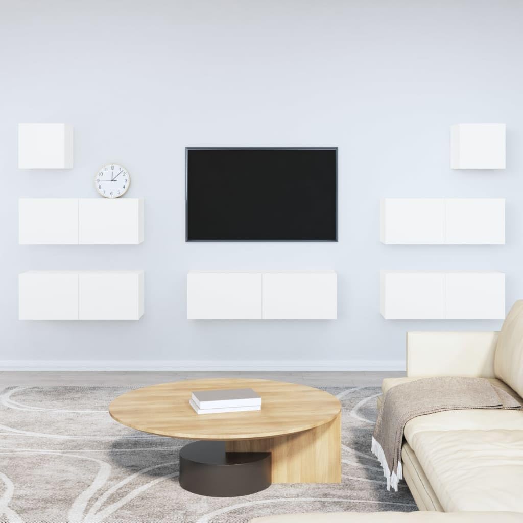 vidaXL TV Stand Set 7 Piece, Wall Mounted Entertainment Center, TV Stand Console with Storage, Modern Style, White Engineered Wood