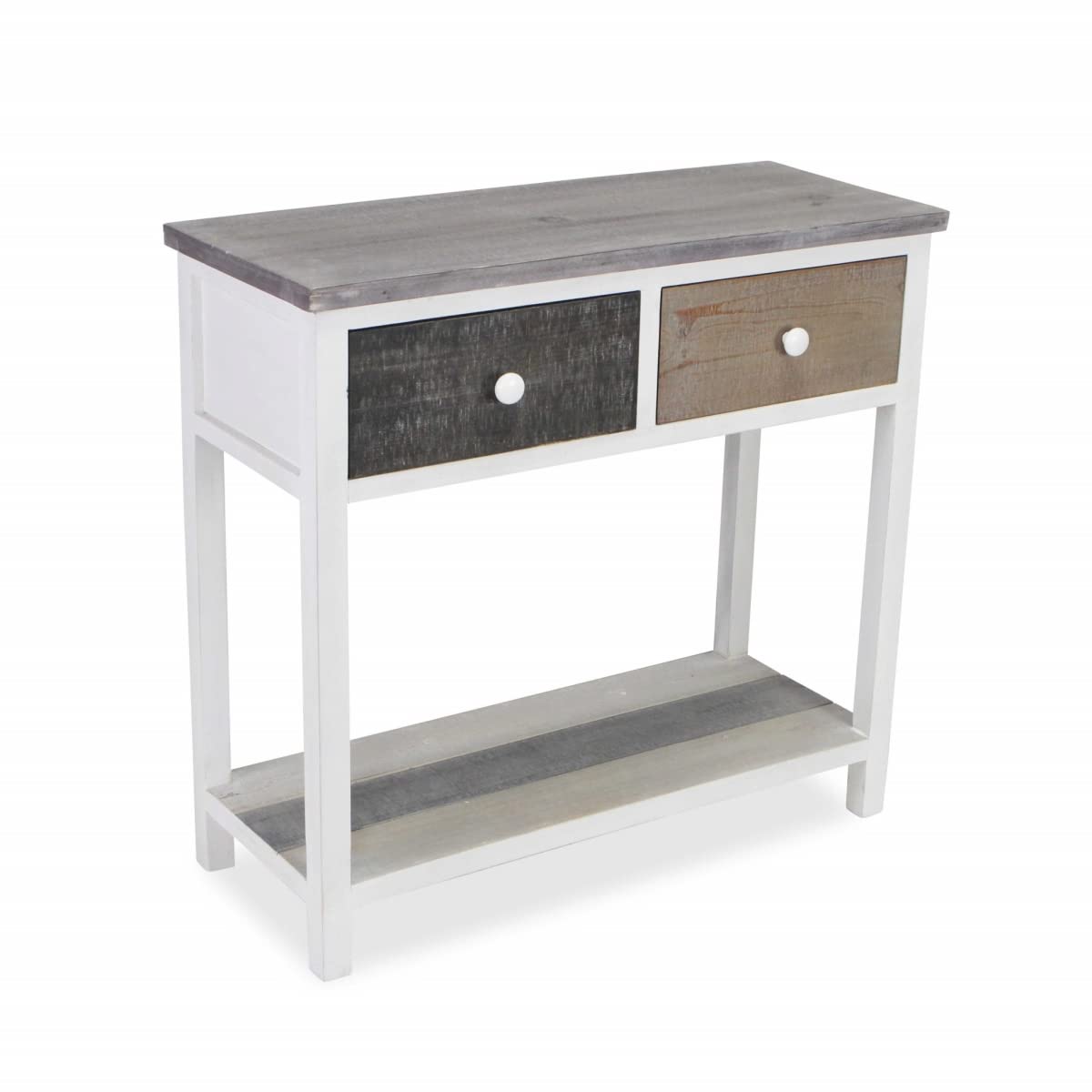 HomeRoots Multi Wood Distressed Gray and White Table with 2 Drawers and Bottom Shelf