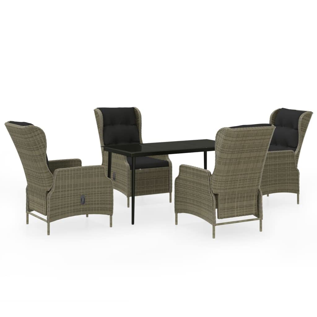 vidaXL 5-Piece Patio Dining Set with Adjustable Reclining Chairs and Glass Tabletop- Brown Rattan/Black Cushion Outdoor Furniture Set