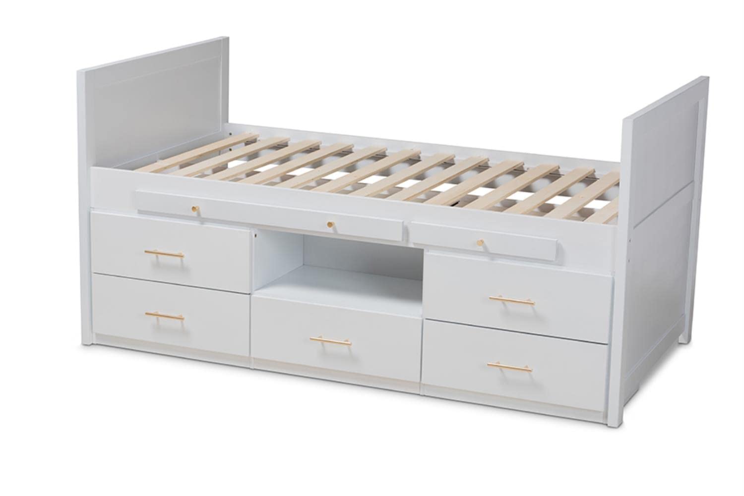 Baxton Studio Mirza Modern and Contemporary White Finished Wood 5-Drawer Twin Size Storage Bed with Pull-Out Desk