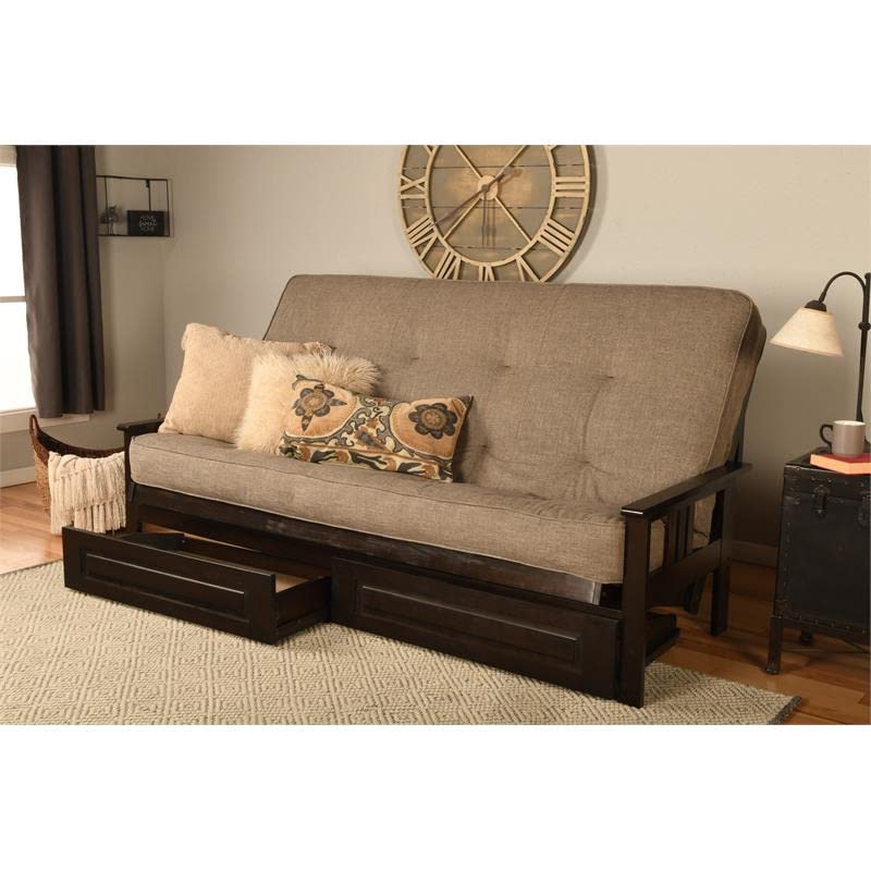 Kodiak Furniture Monterey Queen Espresso Wood Storage Futon-Linen Stone Mattress