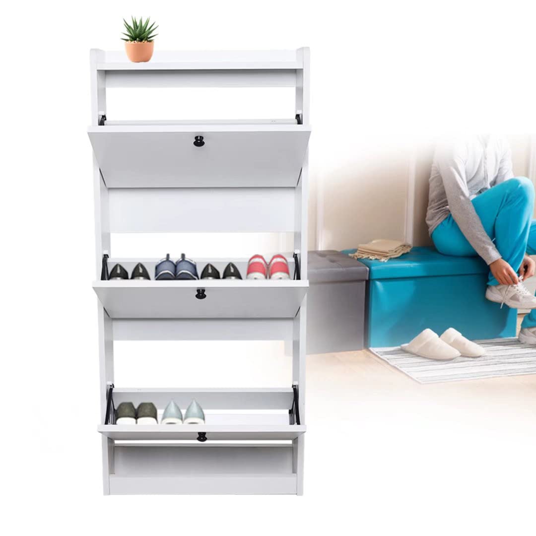 HomeRoots Density Board Modern White Vertical Shoe Organizer Cabinet