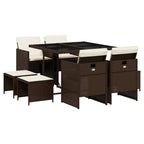 vidaXL - 9 Piece Patio Dining Set with Cushions - Brown Poly Rattan - Foldable Chairs with Flap Backrest - Tempered Glass Tabletop - UV-Resistant - Assembly Required