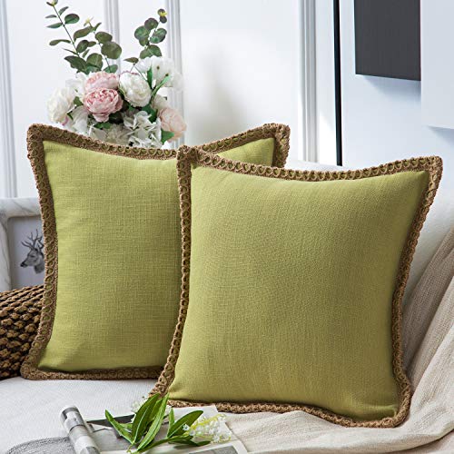 Phantoscope Pack Of 2 Farmhouse Decorative Throw Pillow Covers Burlap Linen Pillow Covers Trimmed Tailored Edges Water Green 26 X 26 Inches, 65 X 65 Cm