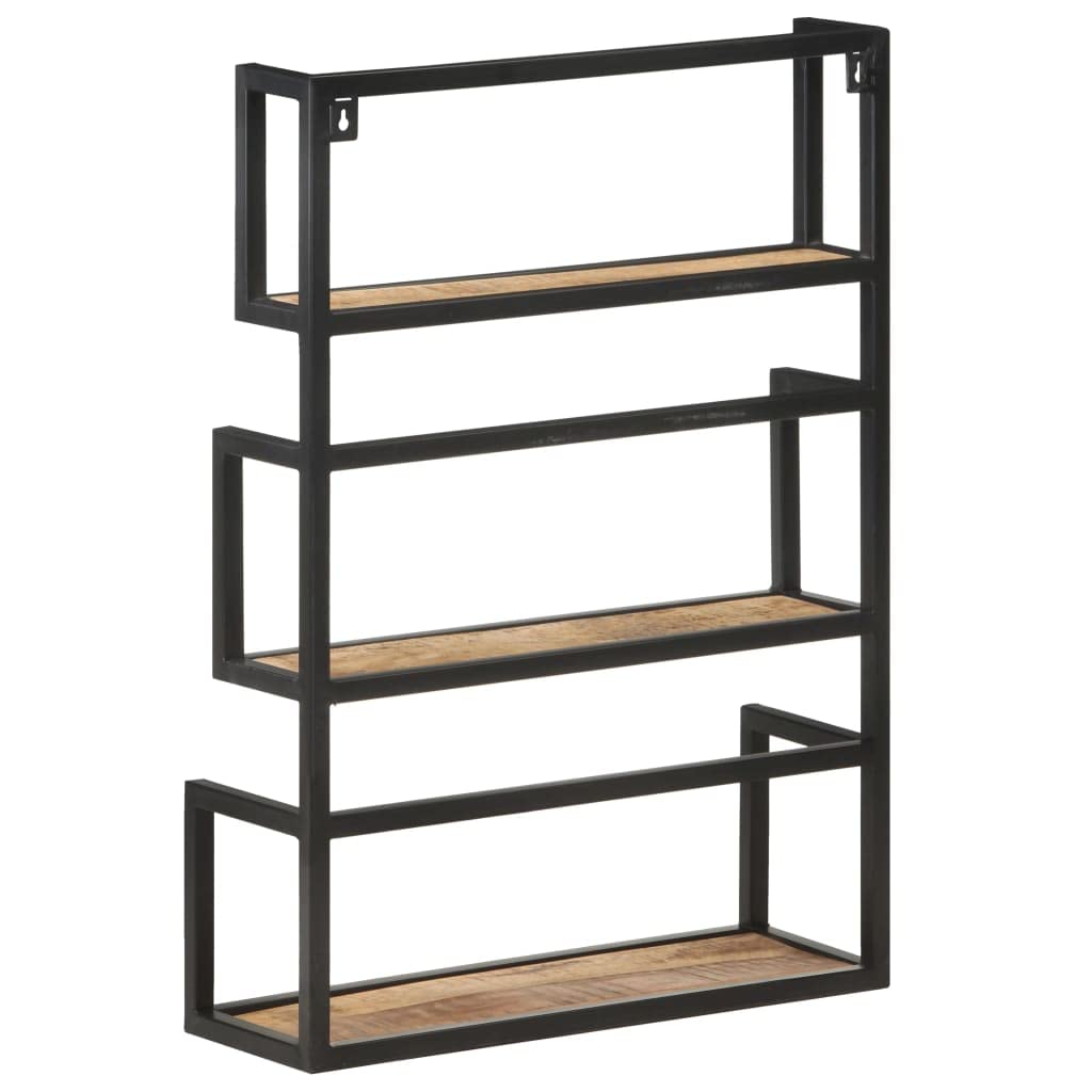 vidaXL Wall Mounted Shelf - Spacious Three-Tier Design, Sturdy Iron Frame & Rough Mango Wood Craftsmanship - Black, Industrial Style, Ideal for Organising and Displaying