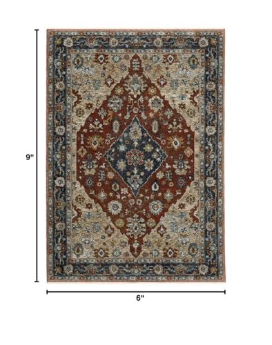HomeRoots 508056 6 x 9 ft. Blue Beige Tan Brown Gold & Rust Red Oriental Power Loom Stain Resistant Rectangle Area Rug with Fringe