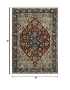 HomeRoots 508056 6 x 9 ft. Blue Beige Tan Brown Gold & Rust Red Oriental Power Loom Stain Resistant Rectangle Area Rug with Fringe