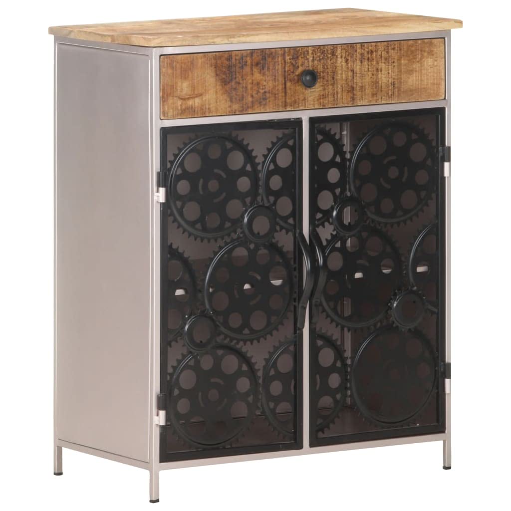 vidaXL Industrial Style Sideboard - Rough Mango Wood & Iron - Unique Real Bicycle Chain Wheels - Two Doors & One Drawer - Variation of Colors & Grains.