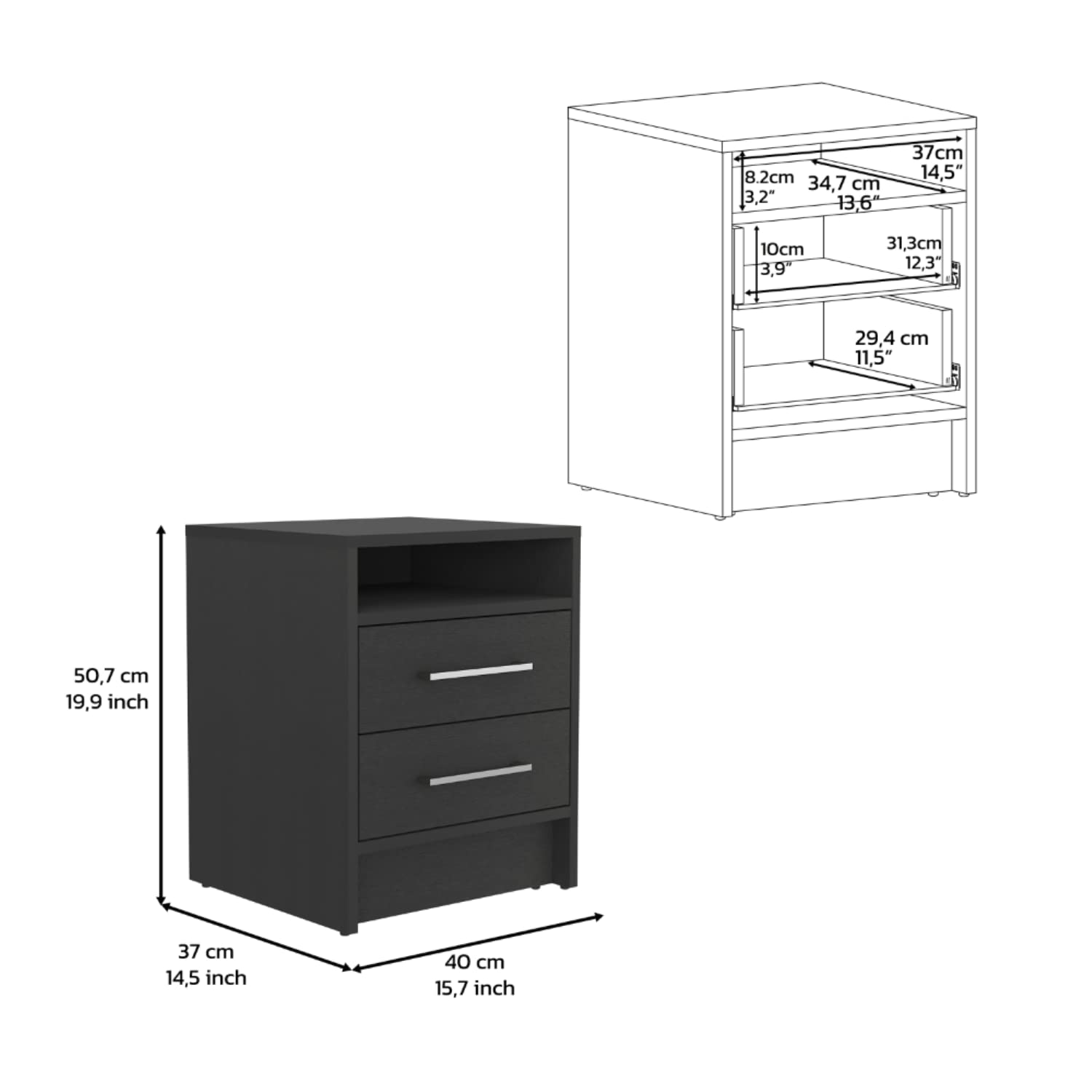 Nightstand 20" H, 2 Drawers, Superior Top, Metal Handles, Black