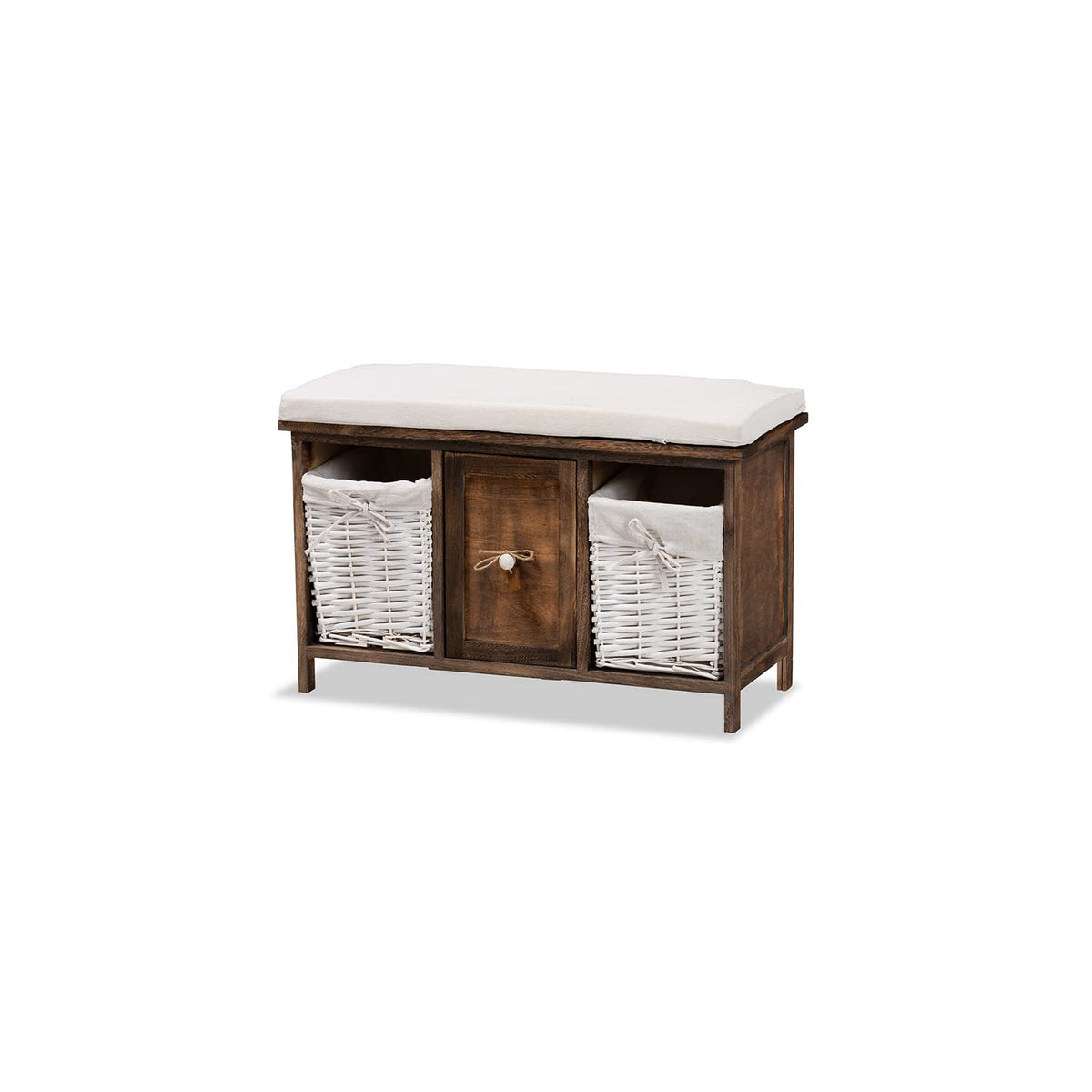 Baxton Studio Dalius Mid-Century Modern Transitional White Fabric Upholstered and Walnut Brown Finished Wood 1-Drawer Storage Bench with Baskets