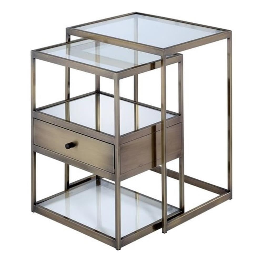 Acme Enca 2 Pieces Nesting Table in Clear Glass and Antique Brass