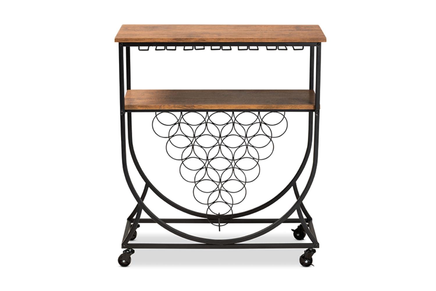 Baxton Studio Dania Antique Vintage Industrial Black Metal and Walnut Finished Wood Mobile Wine Bar Cart