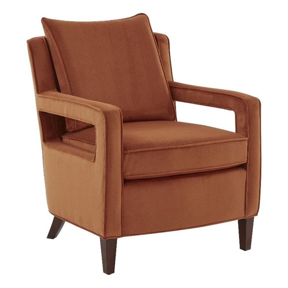 Comfort Pointe Questa Burnt Orange Velvet Accent Arm Chair with Open Arms and Brown Legs