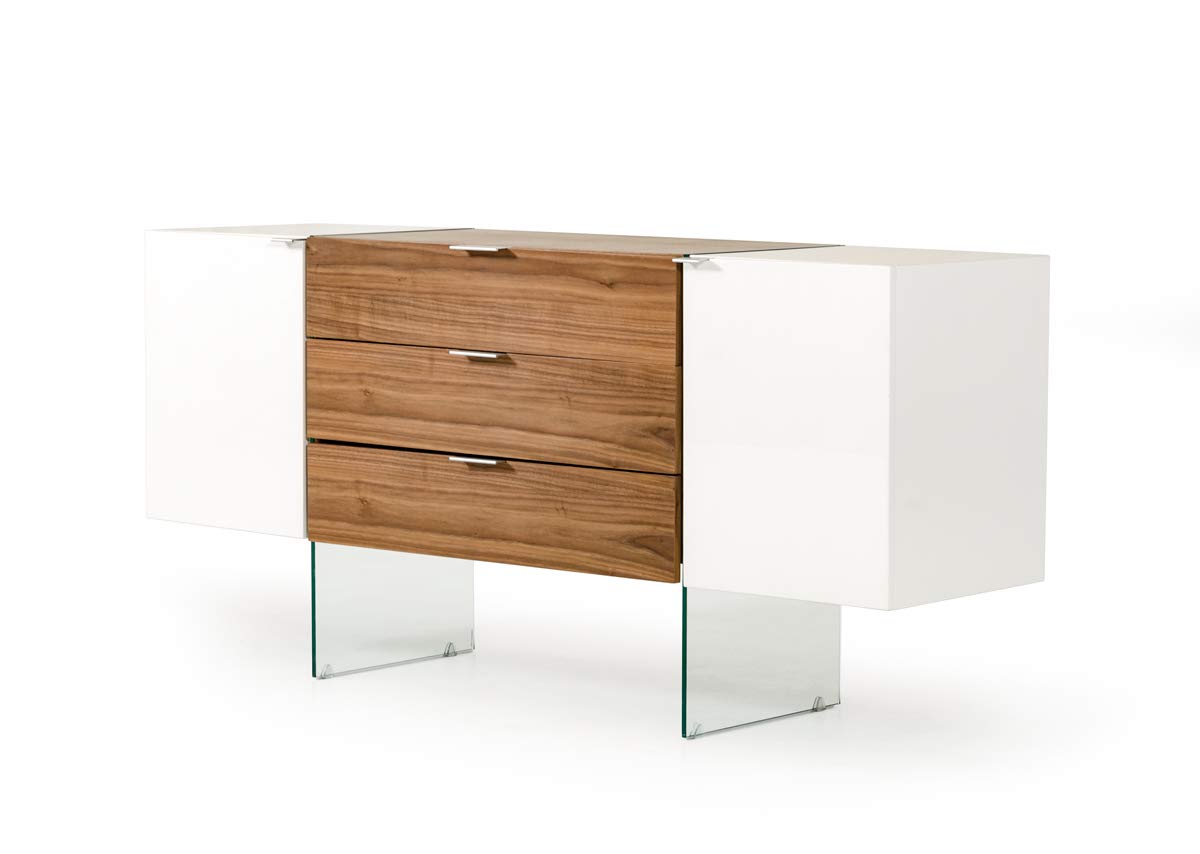 HomeRoots White & Walnut Veneer, MDF, Glass, Steel 30' White and Walnut Veneer, MDF, Glass, and Steel Floating Buffet