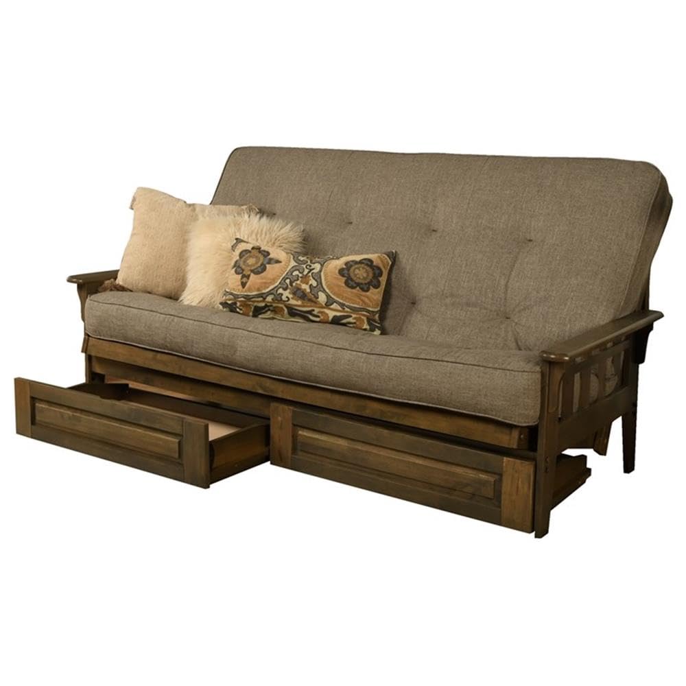 Kodiak Tucson Queen Futon Frame with Storage Drawers - Wood Futon Set with Mattress Included in Stone Color