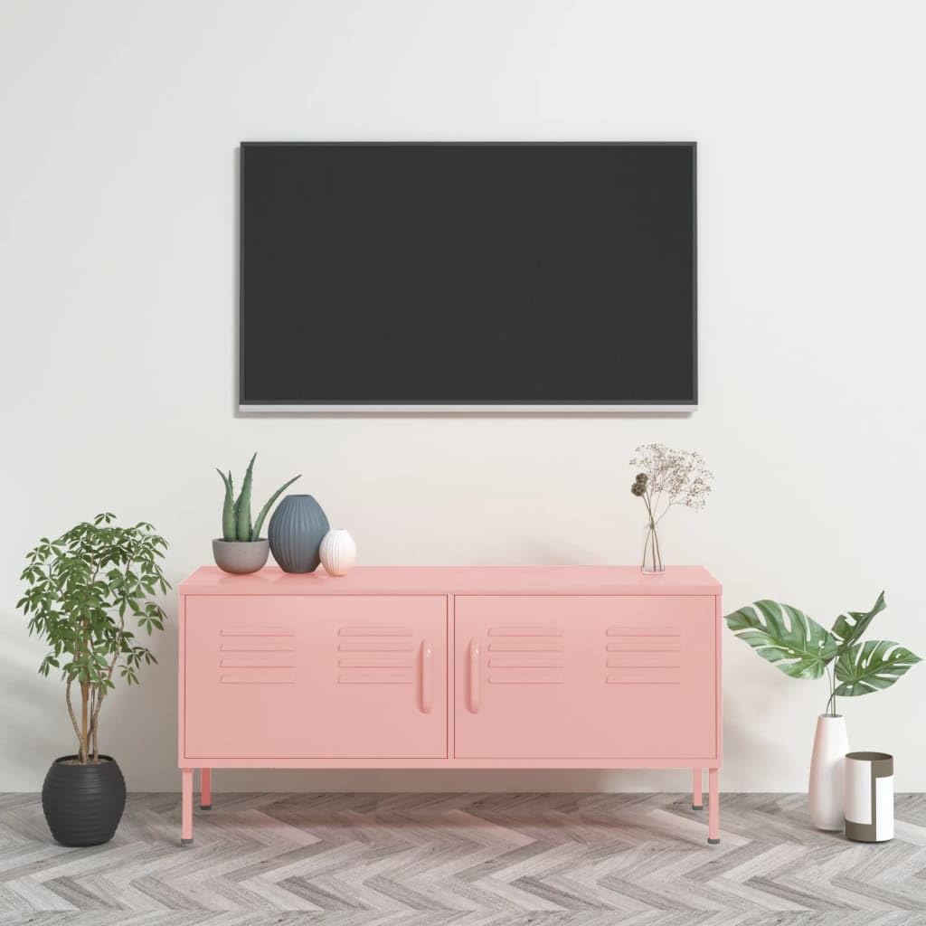 vidaXL Steel TV Stand with Storage Shelf and Cable Management in Pink - Sturdy, Adjustable, and Practical Living Room Furniture