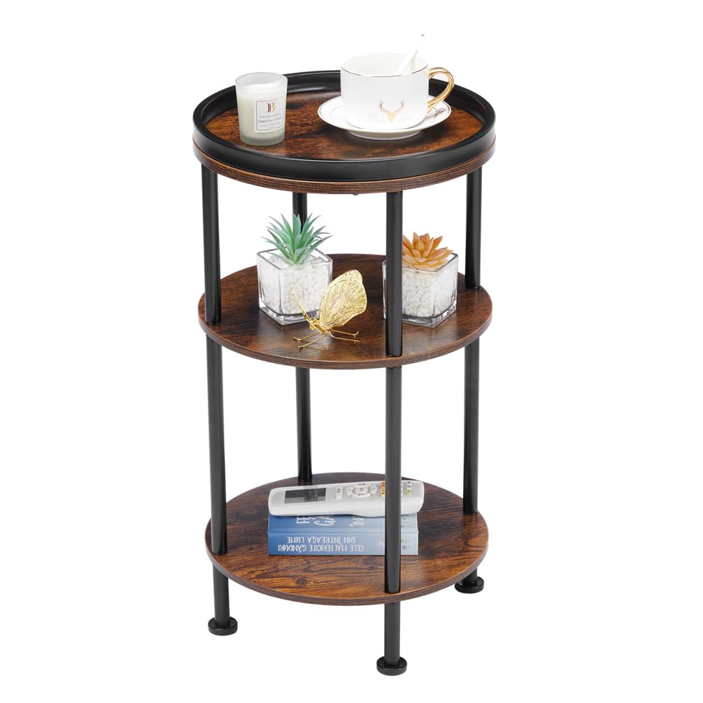 ZEXVIDA Side Table, Small Round Side Table for Small Spaces, 3-Tier Round Accent Table Slim Corner Table, Vintage Small End Tabl