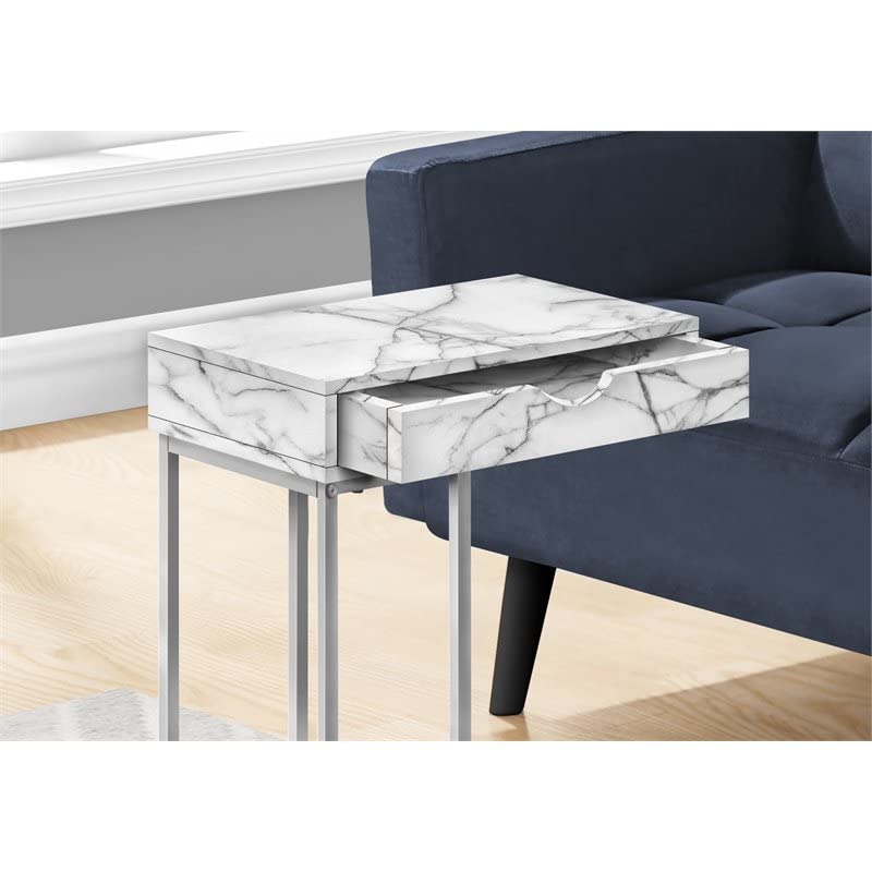 Monarch Specialties I 3772 Accent Table, C-Shaped, End, Side, Snack, Storage Drawer, Living Room, Bedroom, Metal, Laminate, White Marble Look, Grey