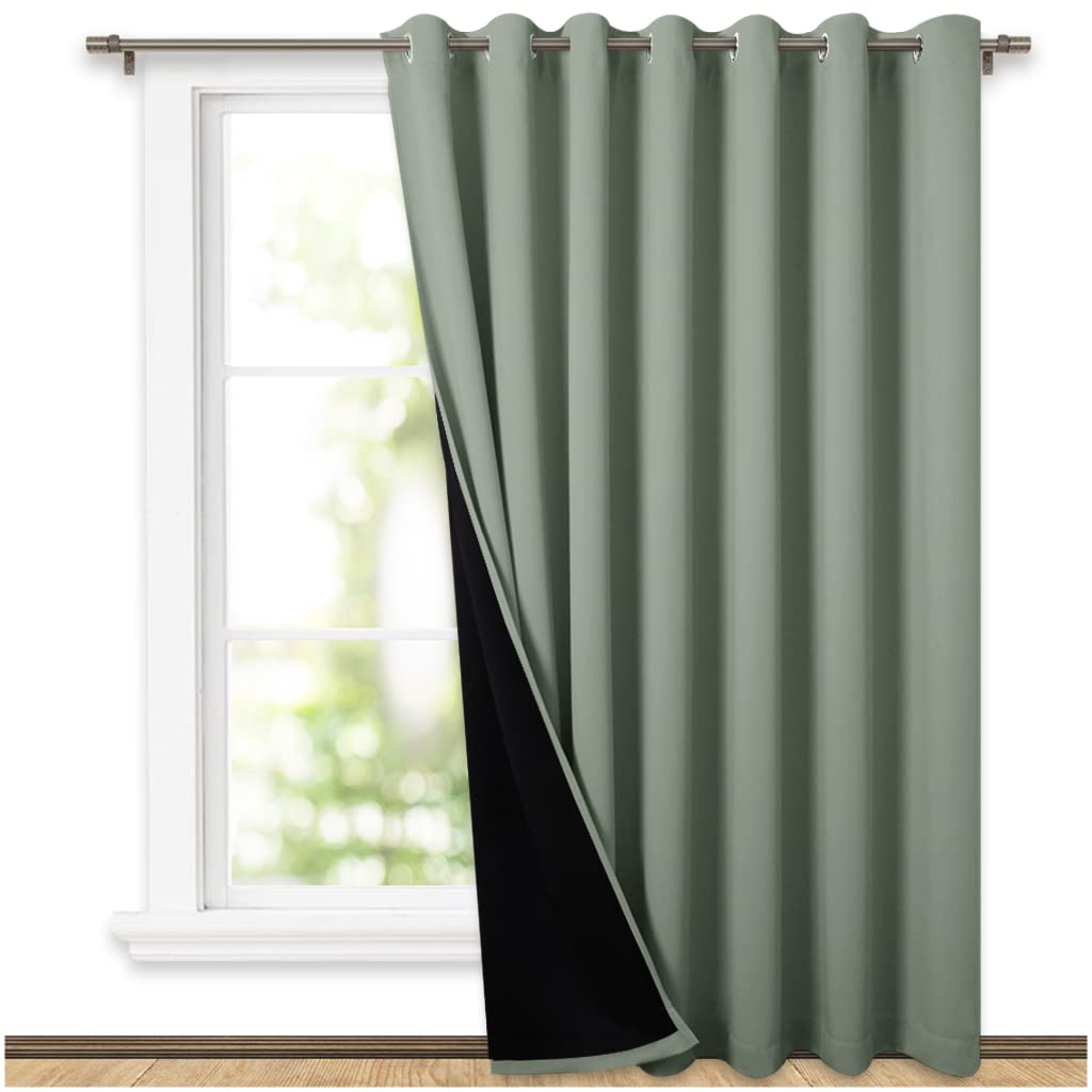 Nicetown Greyish Green Full Shading Extra Wide Curtains For Patio Door, Super Heavy-Duty Thermal Backing Sliding Glass Door Drap