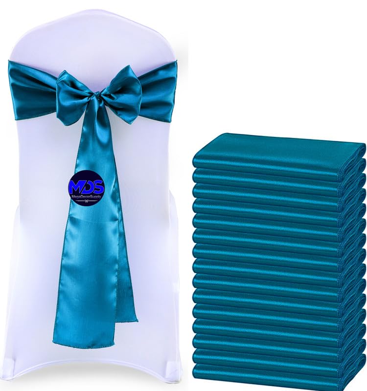 Mds Pack Of 75 Pcs Satin Chair Sashes Charmeuse Sateen Dining Chair Bows Ribbon Ties Back Sash For Wedding Party Birthday Home Hotel Restaurant Banquet Decoration (7 X 108 Inch, Dark Teal)