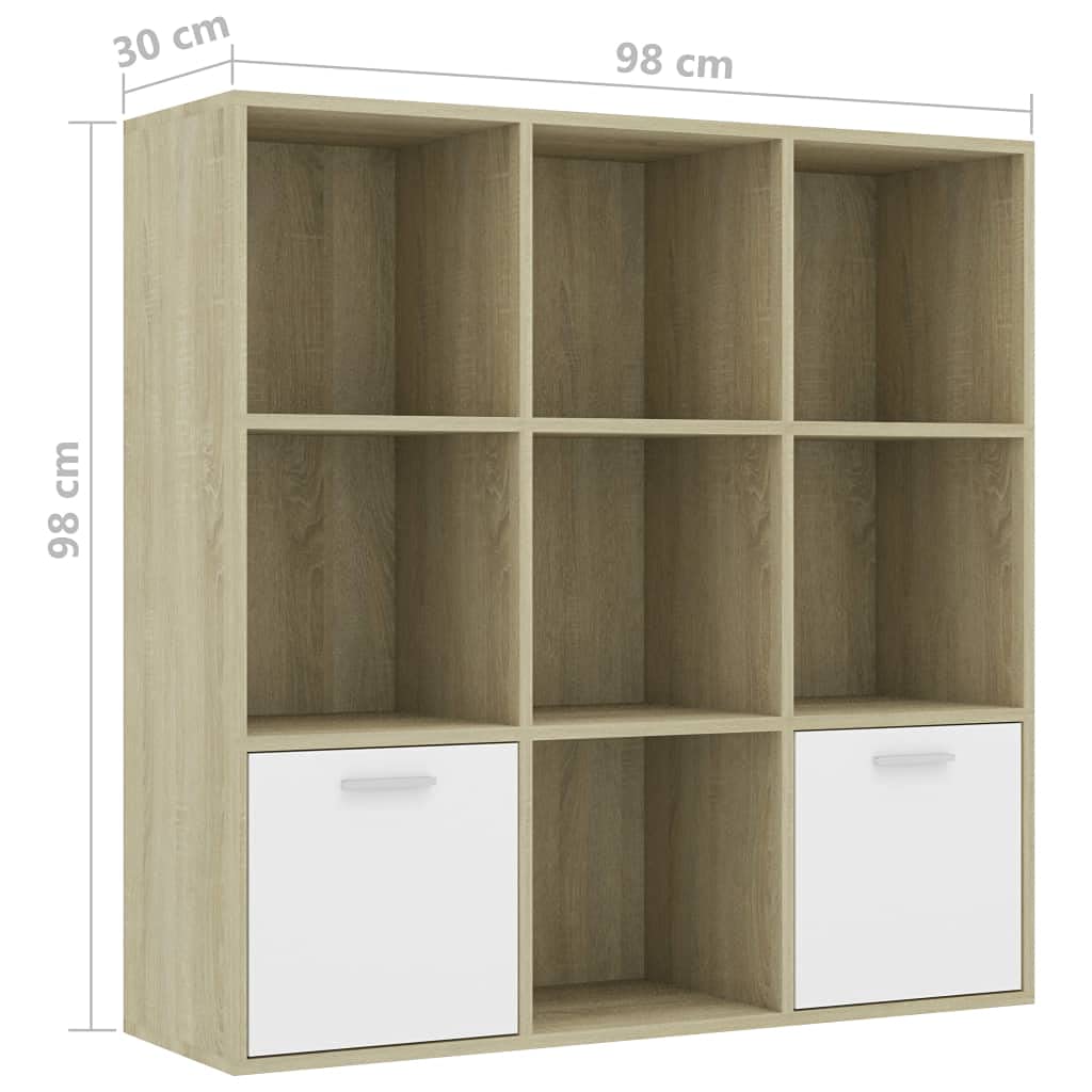 vidaXL Cabinet, Book Cabinet with 2 Doors Bookcase, Standing Shelves for Office Living Room, Modern, White and Sonoma Oak Engineered Wood